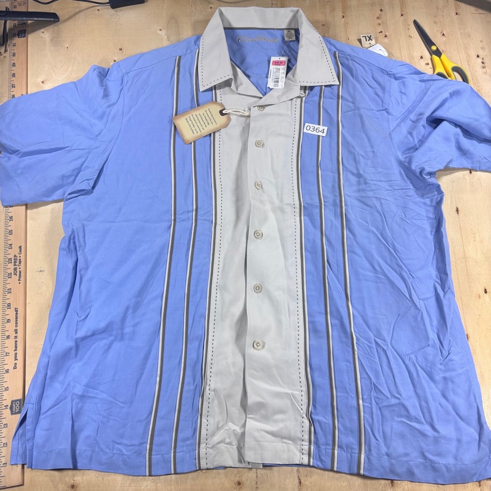 Caribbean Mens XL Silk Blend Camp Shirt Blue Striped Retro Bowling Shirt NWT